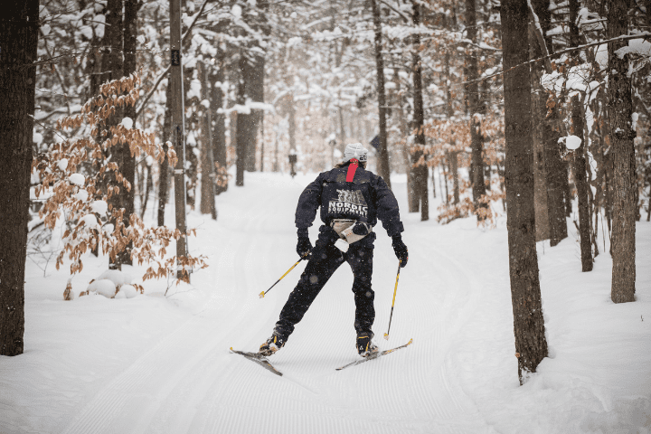 man cross country skiing on trails